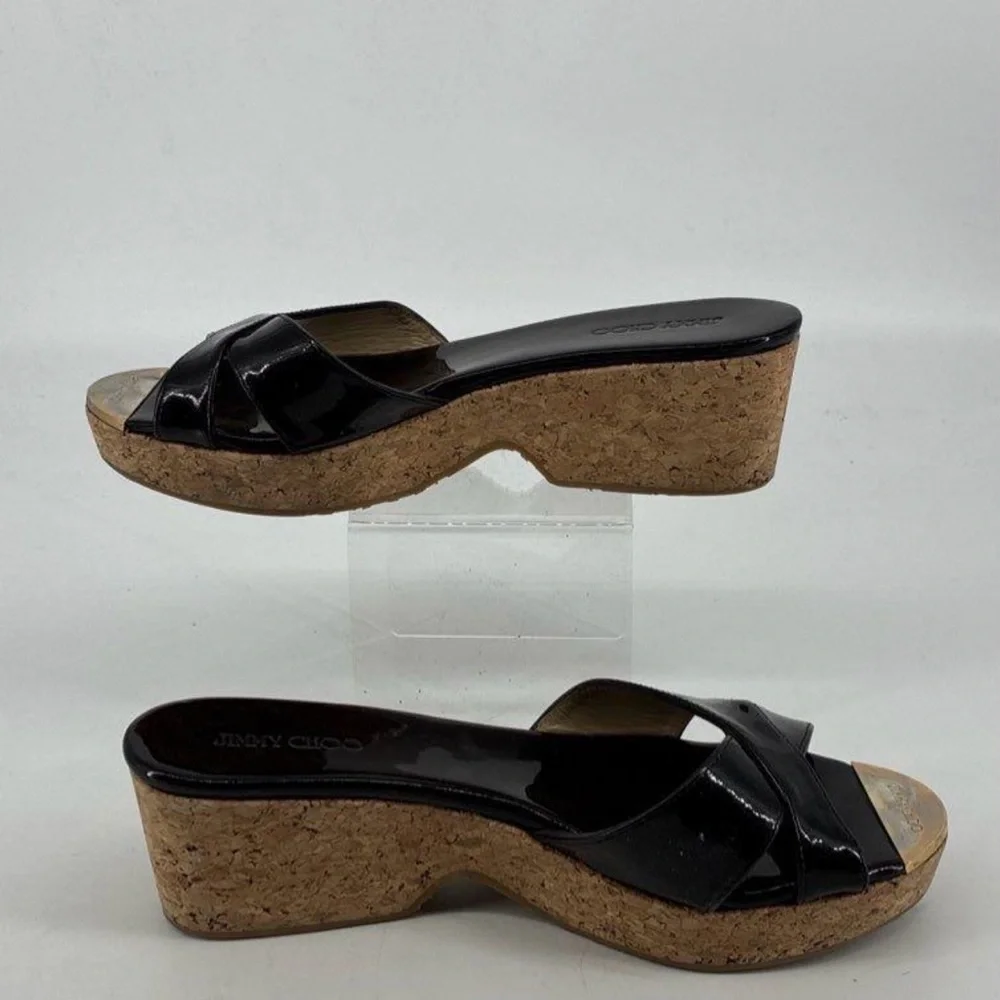 Jimmy Choo Black Patent Criss Cross Cork Wedge Platform Sandals